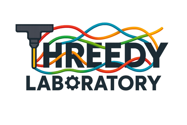 Threedy Laboratory written in bold, stylized font with gear-shaped O’s and filament strands weaving through the letters, with the ‘T’ being the extruder, transparent background.